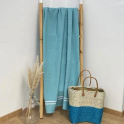 Fouta 0,90x1,70m Tissage Nid D'abeille 355 Gr Doublée éponge Waffle Aqua -Luxe Sable Boutique fouta 090x170m tissage nid d abeille 355 gr doublee eponge waffle aqua 2