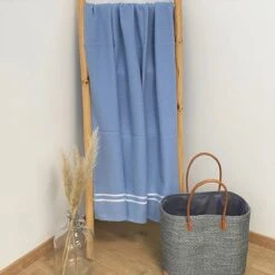 Fouta 0,90x1,70m Tissage Nid D'abeille 355 Gr Doublée éponge Waffle Gris Bleu -Luxe Sable Boutique fouta 090x170m tissage nid d abeille 355 gr doublee eponge waffle gris bleu 2