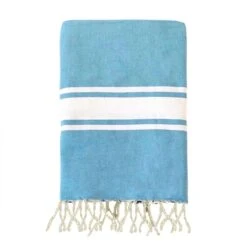 Fouta Traditionnelle En Coton 1x2m Unie à 3 Rayures Kozo Azur