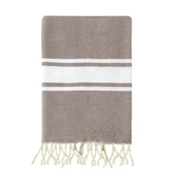 Fouta Traditionnelle En Coton 1x2m Unie à 3 Rayures Kozo Taupe