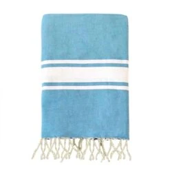 Fouta XL Traditionnelle En Coton 2x2m Unie à 3 Rayures Kozo Azur