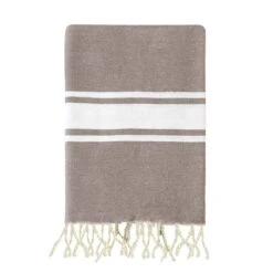 Fouta XL Traditionnelle En Coton 2x2m Unie à 3 Rayures Kozo Taupe