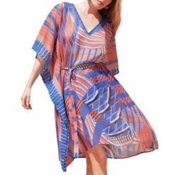 Kaftan De Plage Fluide Avec Ceinture à Imprimé Moderne Bleu Susa